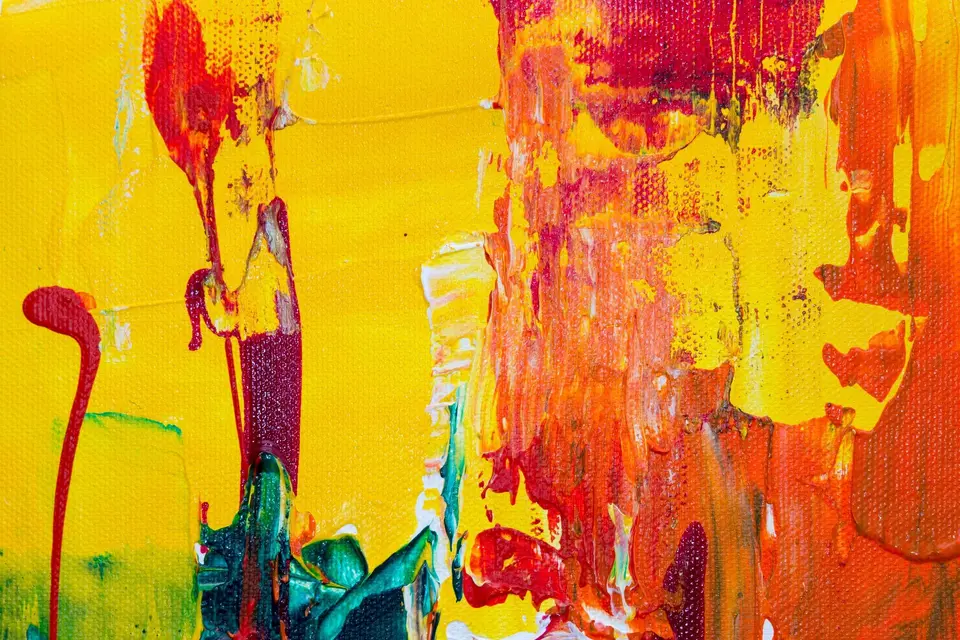 Abstract painting in orange, red, and green